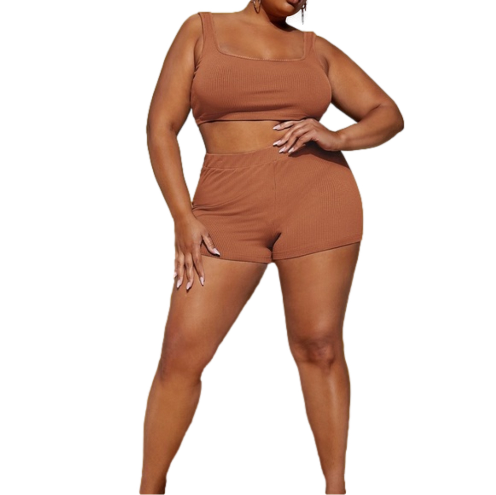 Plus Size Ribbed Crop Tank Top and Shorts Set - Brown